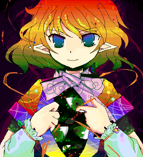 kazu (muchuukai), mizuhashi parsee, touhou, bad id, bad pixiv id, 1girl, black background, blouse, blue eyes, female focus, gradient hair, green eyes, multicolored hair, open clothes, open shirt, pointy ears, shirt, solo, upper body