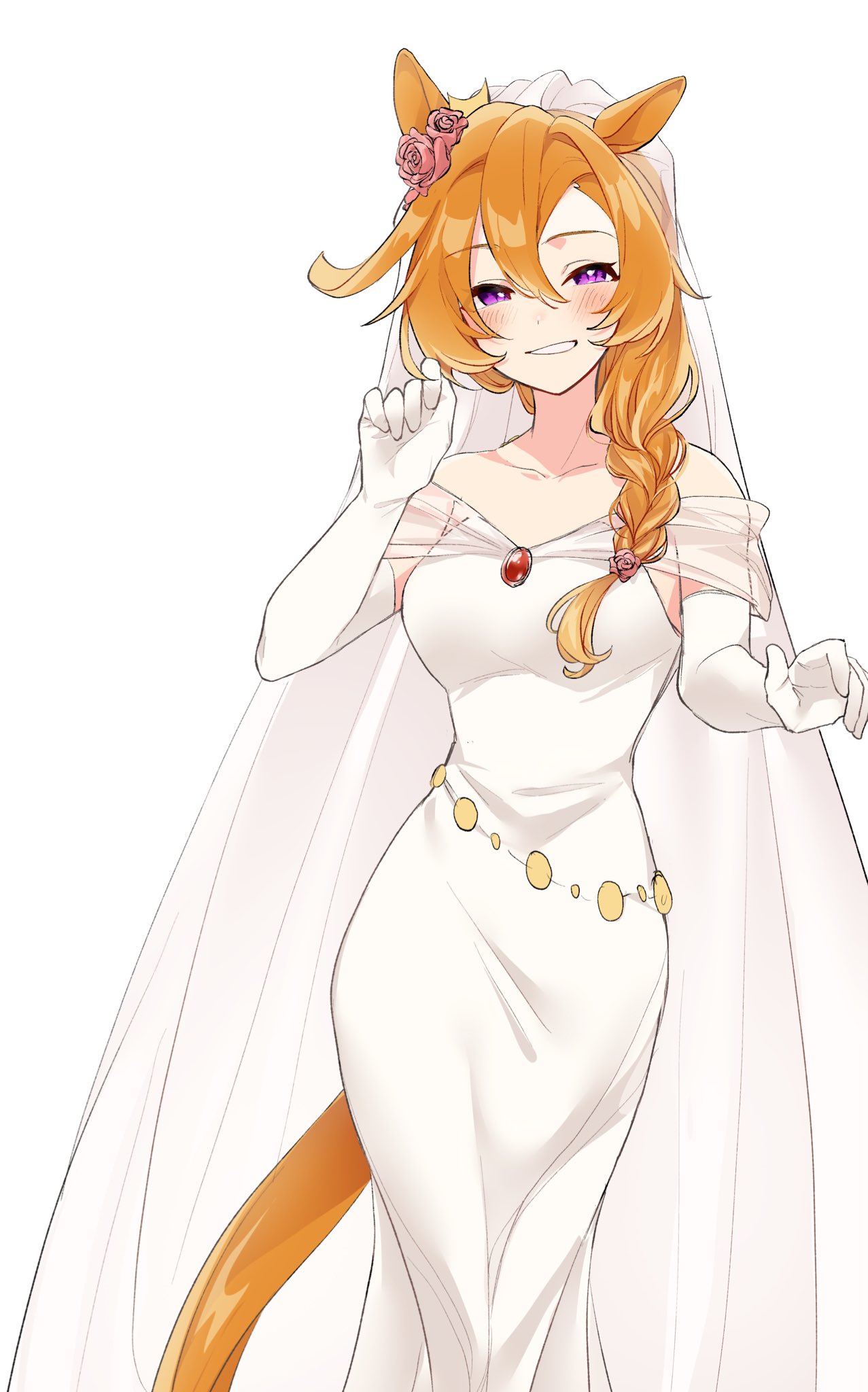 amano (amano miko), t.m. opera o (umamusume), umamusume, commentary request, highres, 1girl, alternate costume, animal ears, bare shoulders, blush, braid, breasts, bridal veil, bride, collarbone, dress, ear ornament, elbow gloves, flower, gloves, grin, hair between eyes, hair flower, hair ornament, horse ears, horse girl, horse tail, long hair, looking at viewer, off-shoulder dress, off shoulder, open mouth, orange hair, purple eyes, simple background, smile, solo, tail, veil, wedding dress, white background, white gloves, white veil