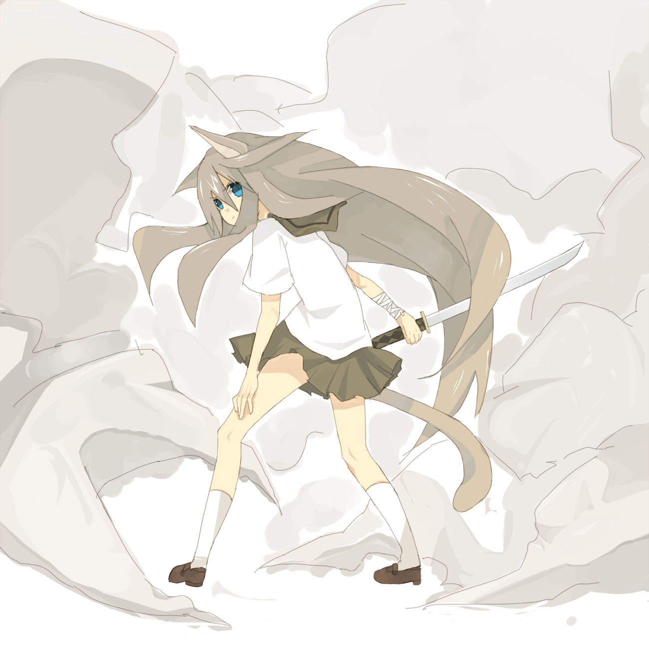 s ko, original, highres, animal ears, bandages, blue eyes, brown hair, katana, long hair, school uniform, serafuku, skirt, solo, sword, tail, weapon