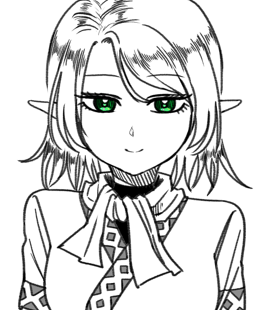 yokozuna iwashi, mizuhashi parsee, touhou, commentary request, 1girl, closed mouth, green eyes, greyscale, looking at viewer, monochrome, pointy ears, scarf, shirt, short hair, simple background, smile, solo, spot color