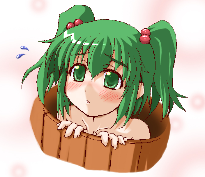 gekkou ookami, kisume, touhou, 1girl, blush, bucket, female focus, green eyes, green hair, hair bobbles, hair ornament, in bucket, in container, oekaki, solo, twintails