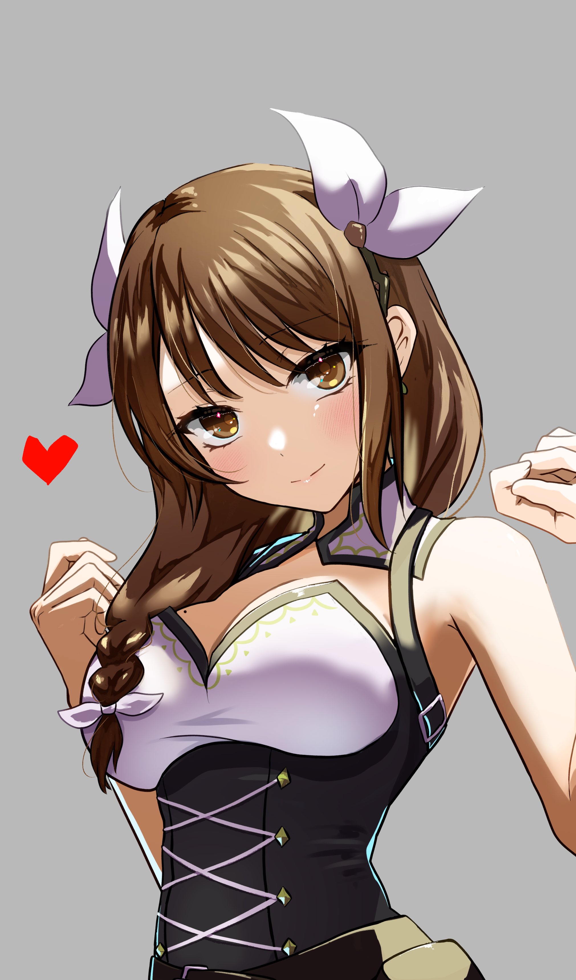 mu tu bu, goldmary (fire emblem), fire emblem, fire emblem engage, nintendo, absurdres, highres, 1girl, bare shoulders, black corset, brown hair, corset, heart, looking at viewer, low-tied medium hair, ribbon, upper body, white ribbon, yellow eyes