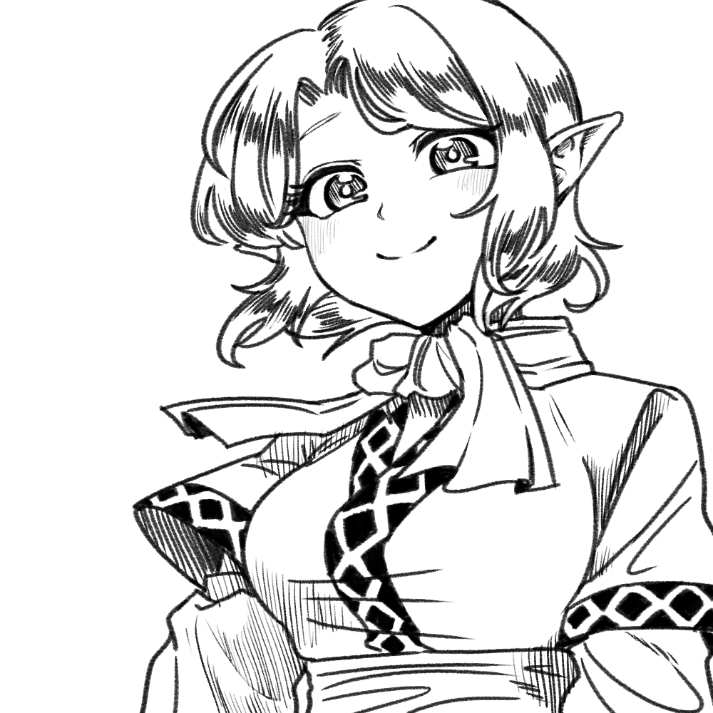 yokozuna iwashi, mizuhashi parsee, touhou, commentary request, 1girl, arm warmers, breasts, closed mouth, greyscale, looking at viewer, medium breasts, monochrome, parted hair, pointy ears, sash, scarf, shirt, short hair, short sleeves, simple background, smile, solo, upper body
