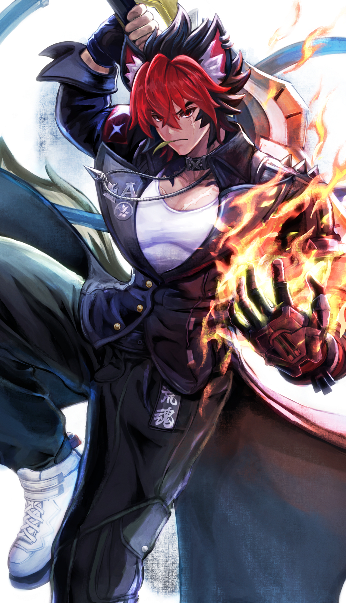 akito1218, komano manato, zenless zone zero, highres, 1boy, animal ear fluff, animal ears, black collar, black hair, black jacket, black pants, closed mouth, collar, fingerless gloves, fire, gloves, holding, holding sword, holding weapon, jacket, leaf in mouth, mouth hold, multicolored hair, pants, red eyes, red hair, shirt, shoes, short hair, solo, streaked hair, sword, weapon, white shirt, white shoes, wolf boy, wolf ears