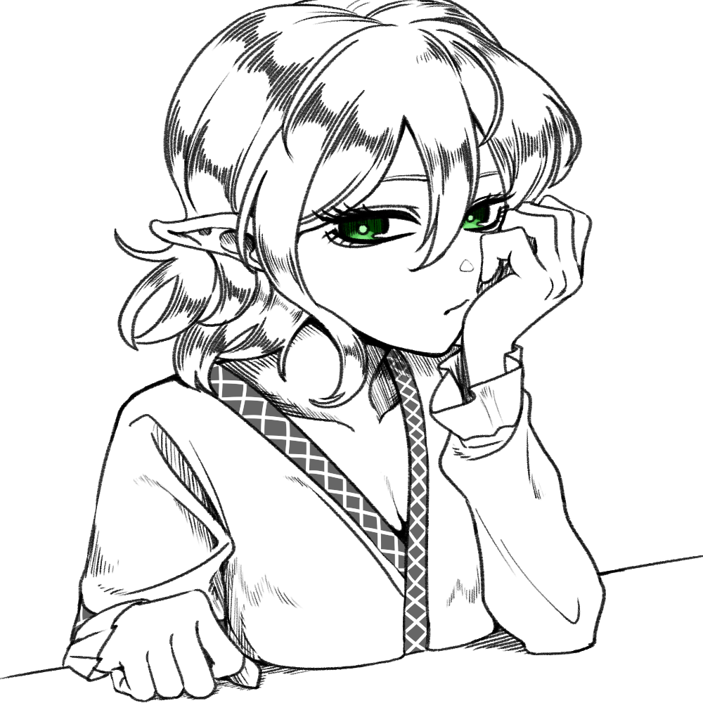 yokozuna iwashi, mizuhashi parsee, touhou, commentary request, 1girl, arm warmers, breasts, cleavage, closed mouth, expressionless, green eyes, greyscale, hair between eyes, hand on own cheek, hand on own face, long bangs, looking at viewer, medium breasts, messy hair, monochrome, pointy ears, short hair, simple background, solo, spot color, upper body