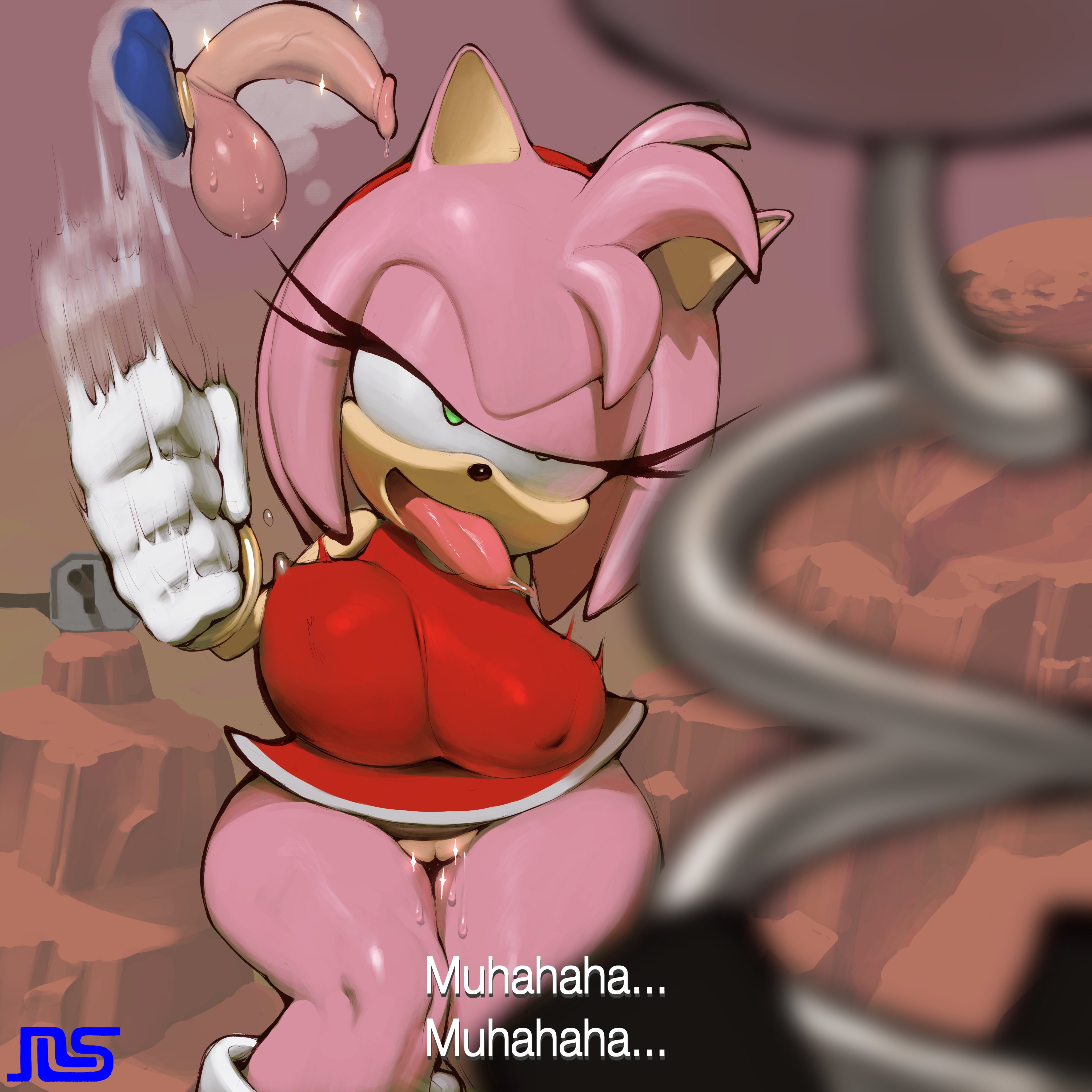 namespace, amy rose, sonic the hedgehog, sonic (series), sonic heroes, absurdres, highres, breasts, in heat, large breasts, no panties, pussy, thick thighs, thighs, wet, wide hips