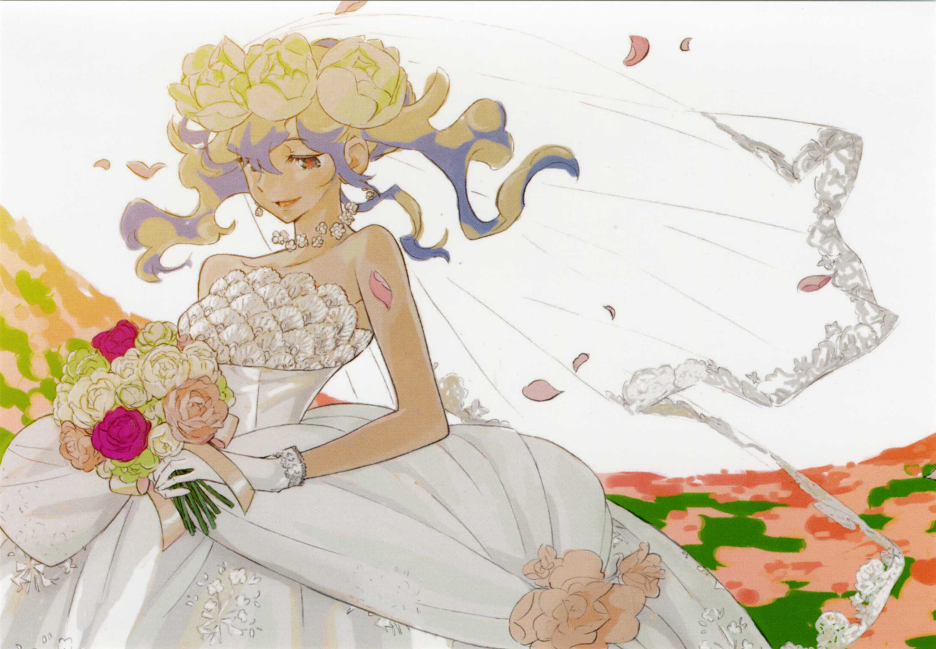 nia teppelin, tengen toppa gurren lagann, highres, official art, 00s, bridal veil, bride, dress, flower, gloves, jewelry, multicolored hair, solo, veil, wedding, wedding dress