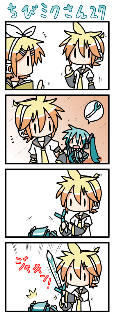 minami (colorful palette), chibi miku, hatsune miku, kagamine len, kagamine rin, vocaloid, long image, tall image, +++, 1boy, 2girls, 4koma, ^^^, aqua hair, brother and sister, chibi, comic, detached sleeves, hair ornament, hair ribbon, hairpin, headphones, multiple girls, ribbon, siblings, silent comic, spring onion, sword, twins, weapon, | |