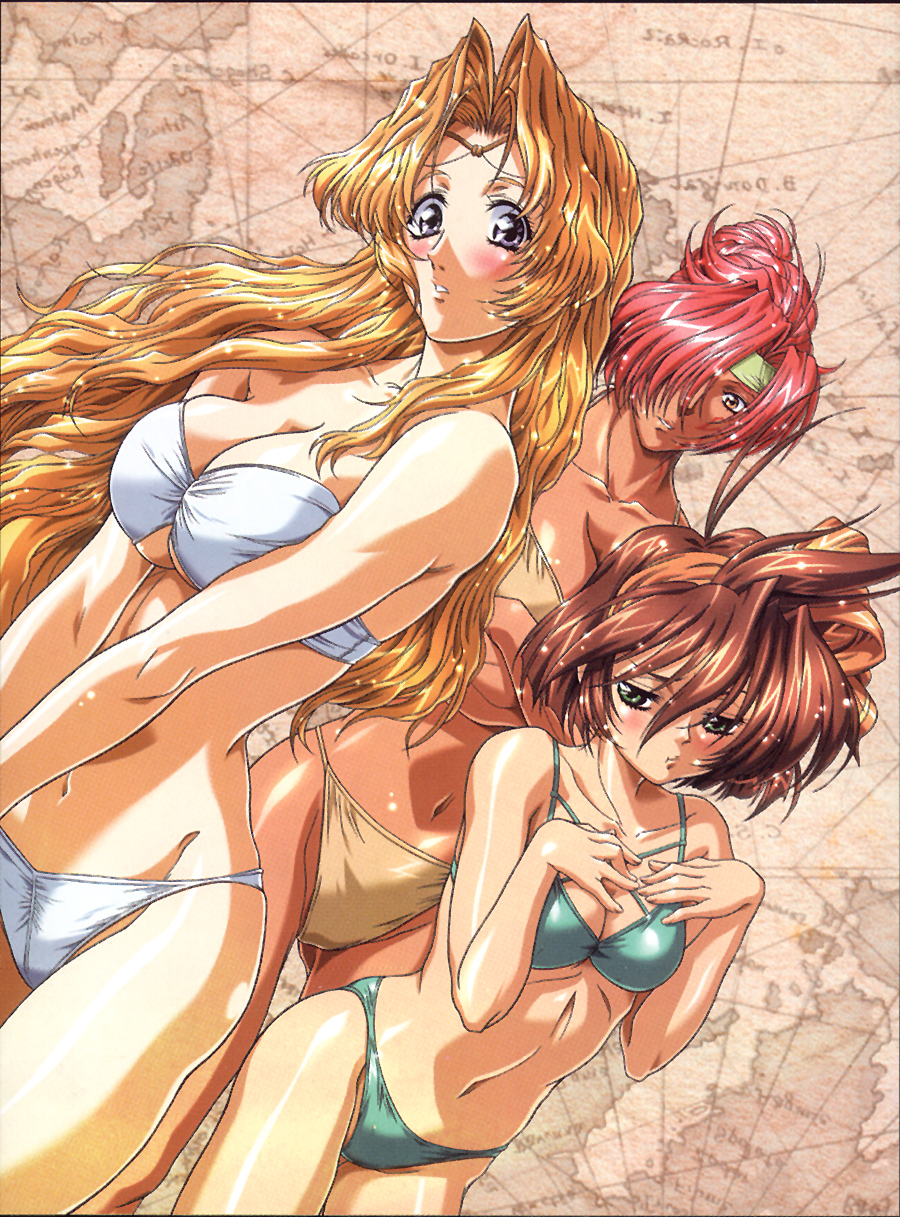 yokota mamoru, jeannie (mahou senshi louie), melissa (mahou senshi louie), merrill (mahou senshi louie), mahou senshi louie, highres, 00s, 1990s (style), 3girls, bikini, blonde hair, blush, bow, breast envy, breast suppress, breasts, brown hair, circlet, cleavage, crossed arms, dark-skinned female, dark skin, dutch angle, embarrassed, green eyes, hair bow, hair over one eye, hairband, headband, large breasts, long hair, map, multiple girls, navel, orange eyes, ponytail, purple eyes, red hair, retro artstyle, short hair, swimsuit, underboob, white bikini