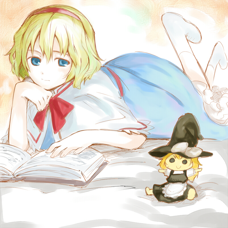 ogawa maiko, alice margatroid, kirisame marisa, touhou, 1girl, bed, book, character doll, doll, dress, female focus, gradient background, hat, solo, white background