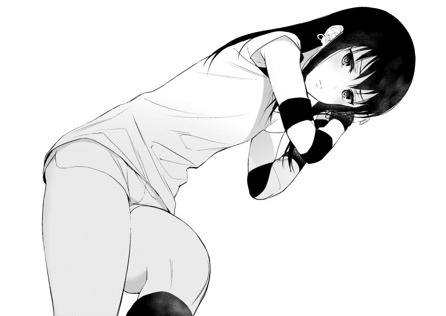 hizuki akira, koga norio, narutaru, 1boy, androgynous, arm warmers, closed mouth, earrings, greyscale, jewelry, long hair, looking at viewer, male focus, micro shorts, monochrome, shirt, short sleeves, shorts, simple background, single earring, solo, striped clothes, striped sleeves, t-shirt, trap, white background, white shirt