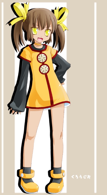 noto (soranoto), original, 1girl, brown hair, choker, dress, female focus, hair ribbon, ribbon, shoes, short hair, smile, solo, twintails, yellow eyes