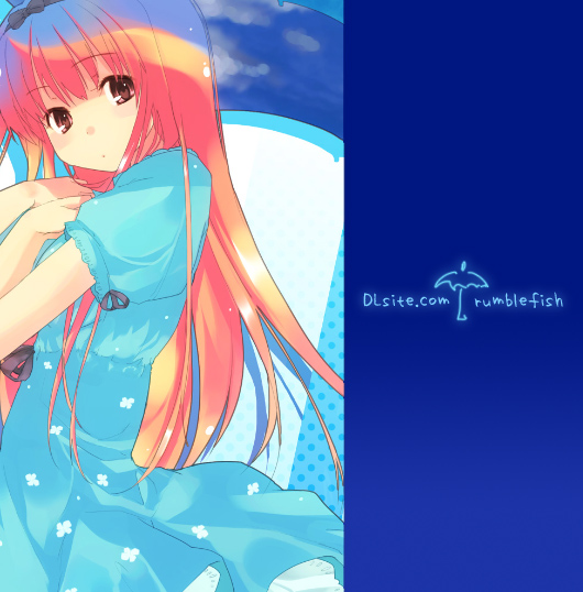 refeia, original, 1girl, blue dress, blush, cowboy shot, dress, female focus, hands on own chest, long hair, looking at viewer, orange eyes, puffy short sleeves, puffy sleeves, red hair, short sleeves, solo, text focus, very long hair