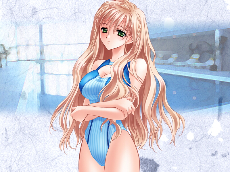 carnelian, futaba riko, touka gettan, breast hold, game cg, non-web source, 00s, 1girl, blonde hair, blue one-piece swimsuit, braid, breasts, chair, cleavage, competition swimsuit, covered erect nipples, crossed arms, female focus, green eyes, highleg, highleg one-piece swimsuit, indoors, large breasts, long hair, lounge chair, one-piece swimsuit, pool, poolside, reflection, side braid, solo, swimsuit, tachi-e, wavy hair, window