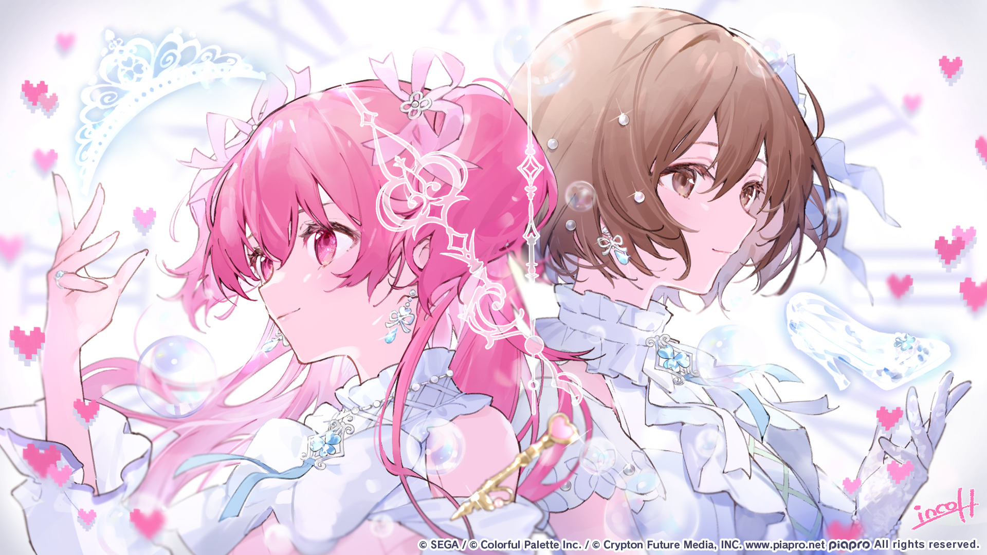 horiizumi inko, meiko (vocaloid), momoi airi, more more jump! meiko, project sekai, vocaloid, commentary request, highres, official art, 2girls, back-to-back, bare shoulders, blue ribbon, bob cut, brown eyes, brown hair, cheer with my heart! (project sekai), choker, clock hands, closed mouth, copyright notice, dress, earrings, frilled choker, frills, from side, glass slipper, gloves, guest art, hair between eyes, hair ribbon, hand up, heart, jewelry, key, long hair, looking ahead, multiple girls, neck ribbon, official alternate costume, pink eyes, pink hair, pink ribbon, pixel heart, ribbon, ring, short hair, sidelocks, signature, smile, teardrop earrings, two side up, upper body, white choker, white dress, white gloves, white tiara