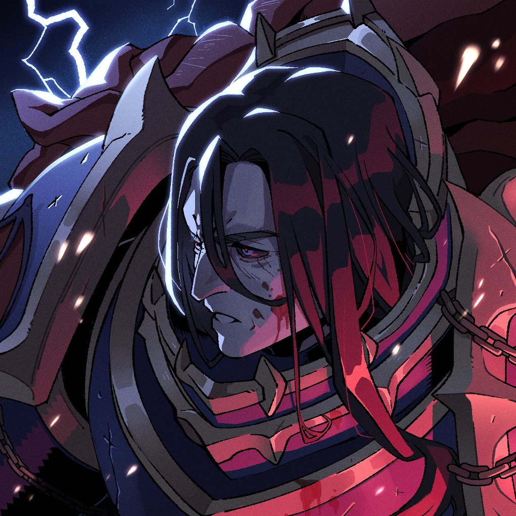 wenny02, konrad curze, warhammer 40k, commentary, commission, english commentary, 1boy, armor, blood, blood on armor, blood on face, blue eyes, brown hair, lightning, long hair, male focus, parted hair, parted lips, solo, teeth, upper body