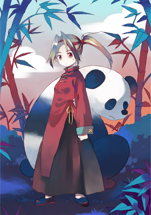 shatiko, original, 1girl, china dress, chinese clothes, dress, female focus, panda, ponytail, solo