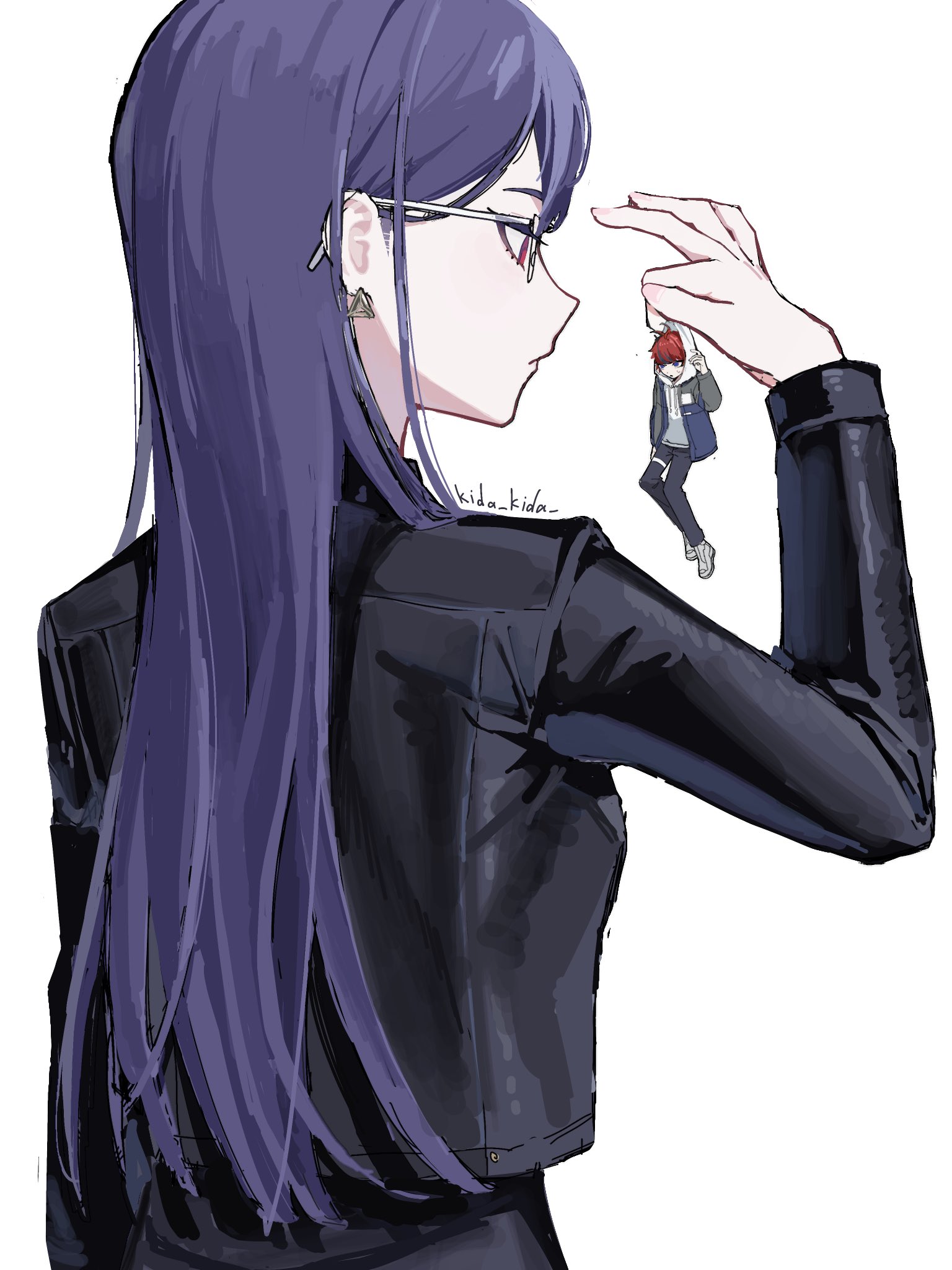 shizuhara hiruko, sumino takumi, the hundred line -last defense academy-, highres, 1boy, 1girl, antenna hair, artist name, black dress, black hair, black jacket, black pants, carrying, carrying person, closed mouth, dress, earrings, from behind, glasses, grey jacket, hood, hood up, hoodie, jacket, jewelry, kida kida, long hair, long sleeves, looking at another, mini person, miniboy, multicolored hair, open clothes, open jacket, pants, purple eyes, purple hair, red eyes, red hair, shoes, short hair, simple background, size difference, streaked hair, two-tone hair, white-framed eyewear, white background, white shoes