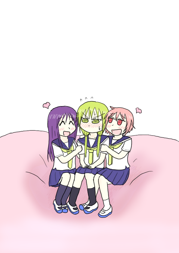 hinata yukari, ichii yui, nonohara yuzuko, yuyushiki, 3girls, blush stickers, heart, large cushion, multiple girls, tashinoki, white background, yuri