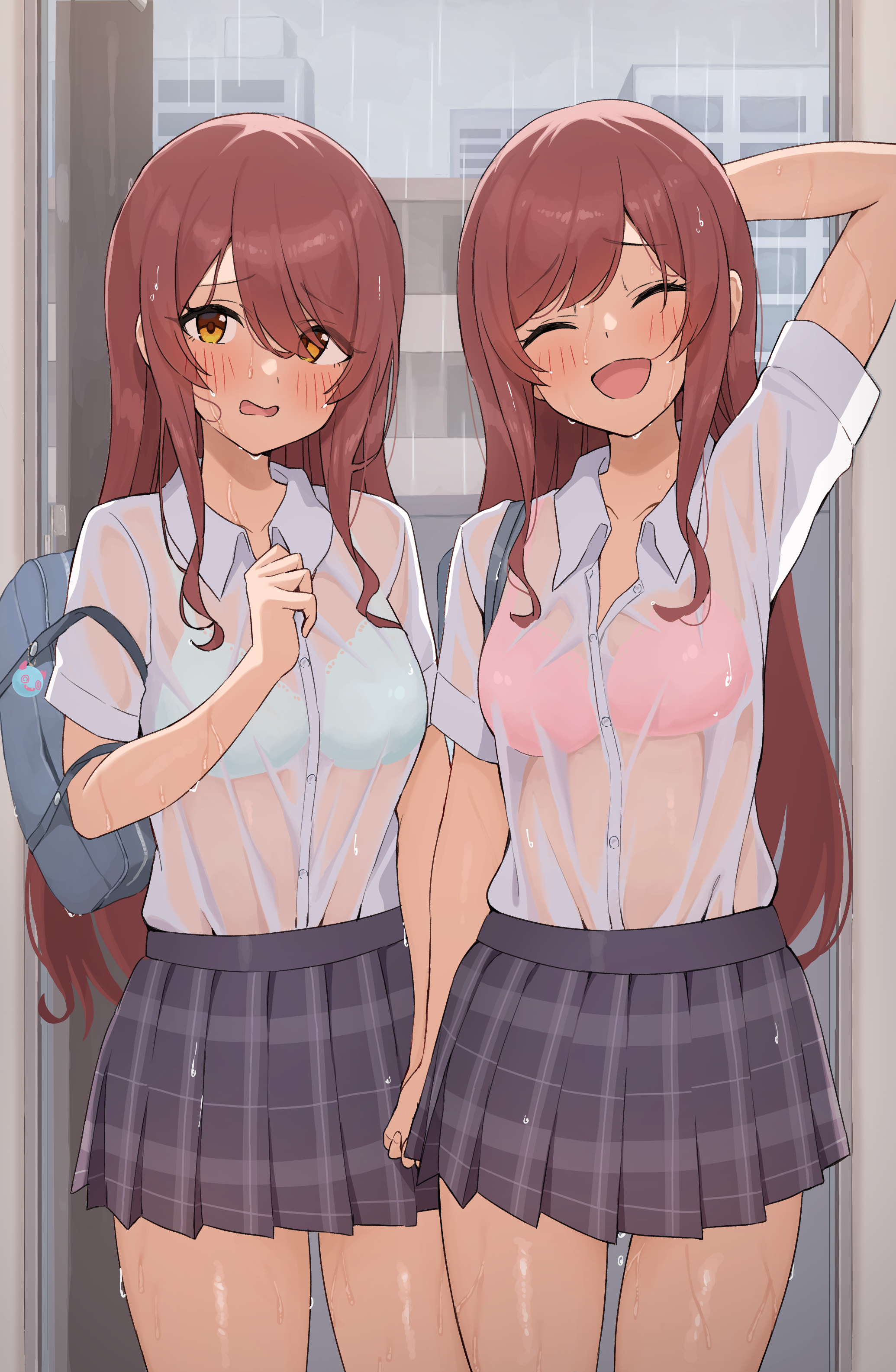 wanitaroo. (waniwani panic), osaki amana, osaki tenka, idolmaster, idolmaster shiny colors, absurdres, commentary request, highres, 2girls, arm behind head, arm up, bag, black skirt, blue bag, blush, bra, bra visible through clothes, building, closed eyes, collared shirt, cowboy shot, embarrassed, hair between eyes, holding hands, looking at viewer, multiple girls, open mouth, peanut mouth, pink bra, plaid clothes, plaid skirt, pleated skirt, rain, red hair, school bag, school uniform, see-through clothes, see-through shirt, shirt, short sleeves, siblings, sisters, skirt, twins, underwear, wet, wet clothes, wet hair, wet shirt, white bra, white shirt, yellow eyes