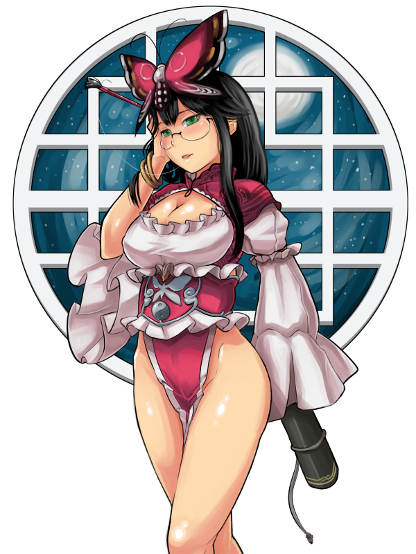 shoohee, koufujin, sangokushi taisen, 1girl, black hair, blush, bracelet, breasts, butterfly hair ornament, cleavage, cleavage cutout, clothing cutout, dress, female focus, glasses, green eyes, hair ornament, highleg, highleg dress, jewelry, large breasts, long hair, round window, sidelocks, solo, white background, window