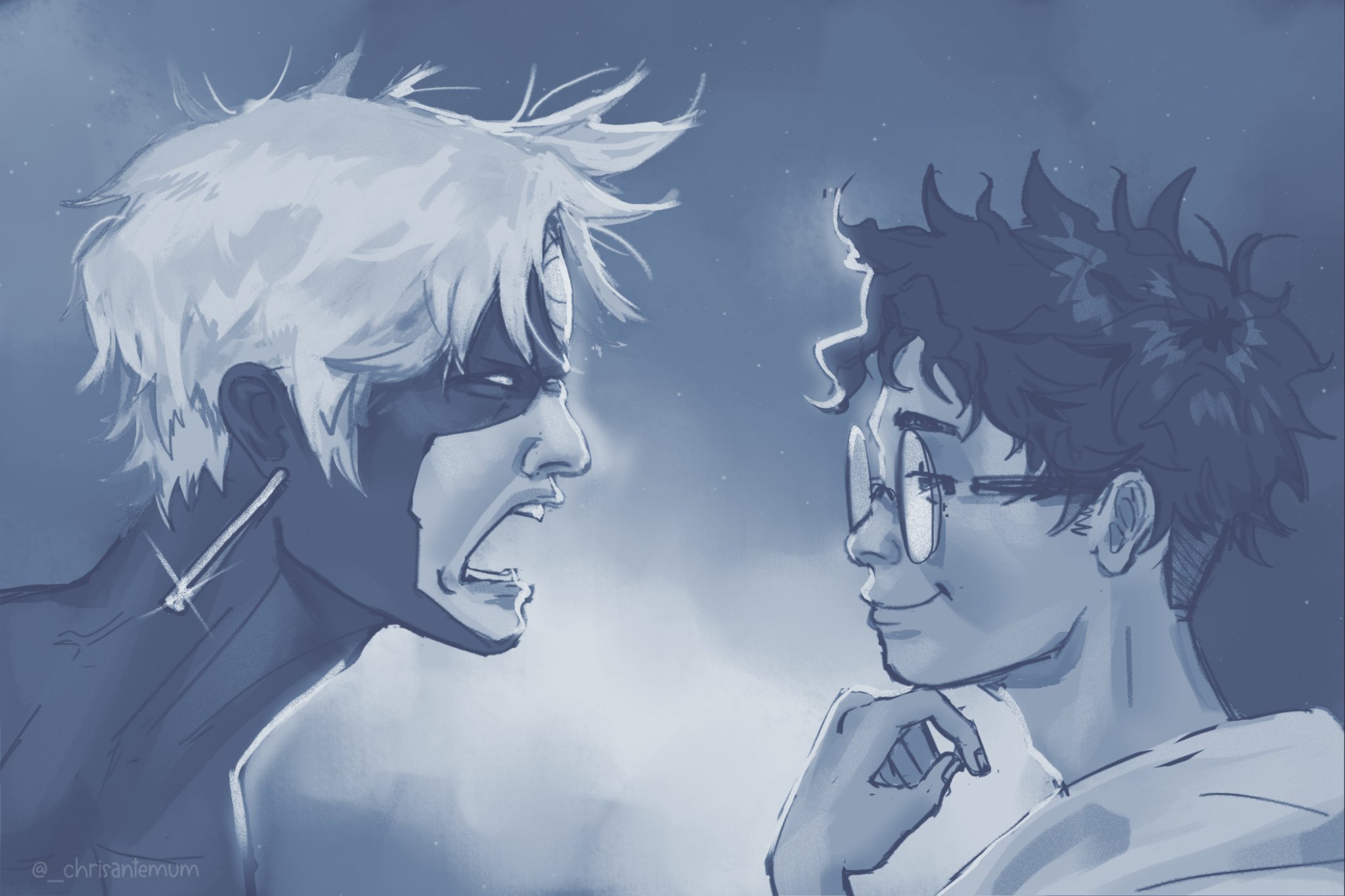 evil eye (dandadan), takakura ken (dandadan), dandadan, highres, 2boys, angry, cwissanthemum, glass, lion screaming at monkey (meme), looking at another, meme, monochrome, multiple boys, smile, upper body
