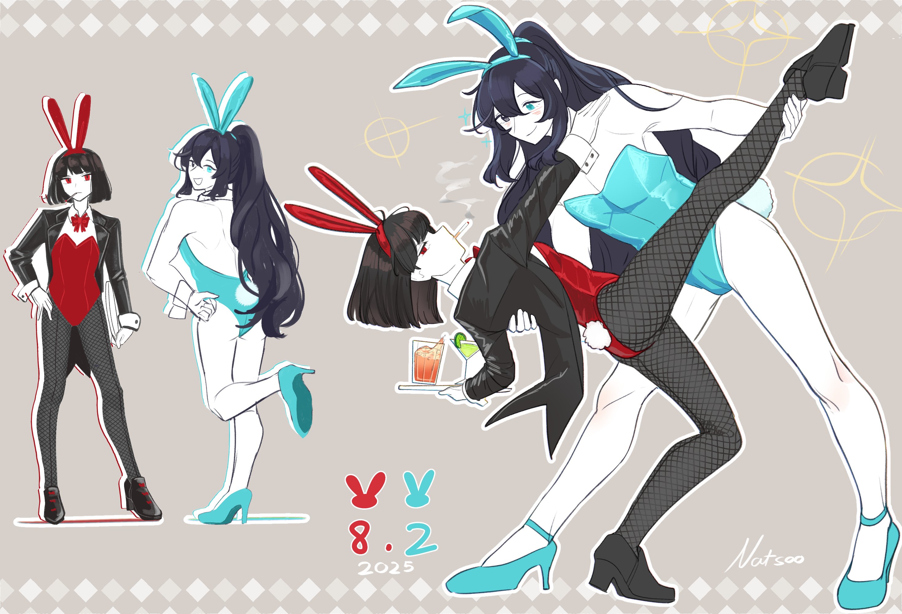 natsoo (natsoomeee), hong lu (project moon), ryoshu (project moon), limbus company, project moon, highres, 1boy, 1girl, alternate costume, animal ear hairband, animal ears, black eyes, black hair, black jacket, black pantyhose, black shoes, blue eyes, blue leotard, blue shoes, covered navel, crossdressing, crossdressing (mtf), dancing, fake animal ears, full body, grey background, hairband, heterochromia, high heels, high ponytail, holding, holding tray, jacket, leotard, long hair, looking at another, looking at viewer, male playboy bunny, multiple views, pantyhose, playboy bunny, ponytail, rabbit ear hairband, rabbit ears, rabbit tail, red eyes, red leotard, shoes, short hair, simple background, standing, tail, tray, white wrist cuffs, wrist cuffs