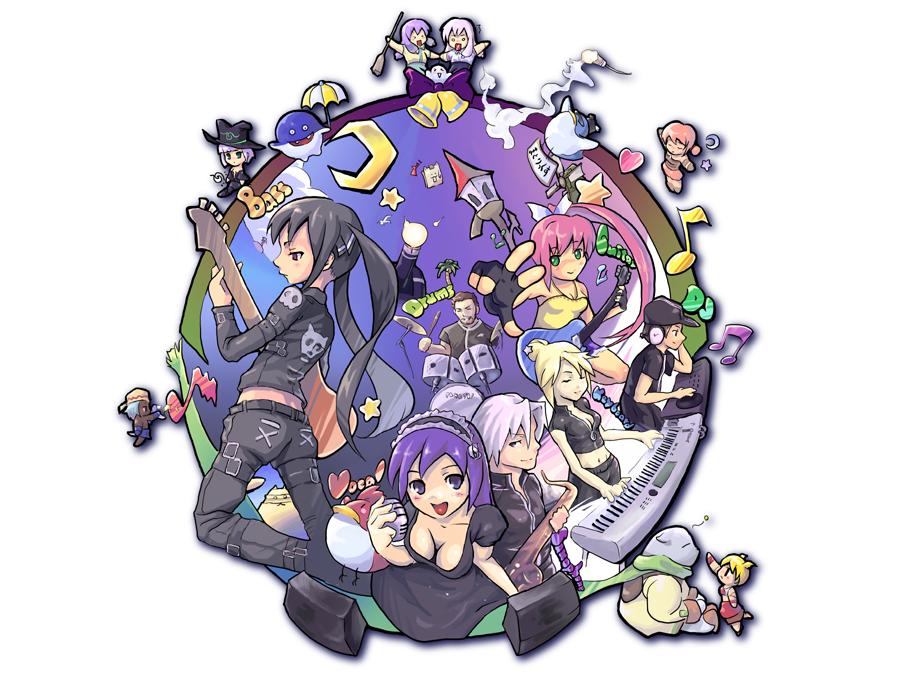 hana, lee byung hee, arin (pangya), azer (pangya), cadie (pangya), cecilia, cecilia (pangya), dolfini (pangya), hana (pangya), kooh (pangya), lola, lola (pangya), max, max (pangya), minty (pangya), nuri (pangya), papel (pangya), pipin, quma (pangya), tiki (pangya), titan boo, pangya, 4boys, 6+girls, ass, beamed quavers, bell, belt, black dress, black hair, blonde hair, blush, bob, breasts, broom, chibi, cleavage, collarbone, crescent, dress, everyone, fingerless gloves, frills, gloves, green eyes, guitar, hairband, instrument, keyboard (instrument), lantern, large breasts, lolita hairband, medium breasts, microphone, multiple boys, multiple girls, musical note, navel, pants, puffy short sleeves, puffy sleeves, purple eyes, purple hair, quaver, saxophone, short sleeves, siblings, sisters, standing, twins, twintails