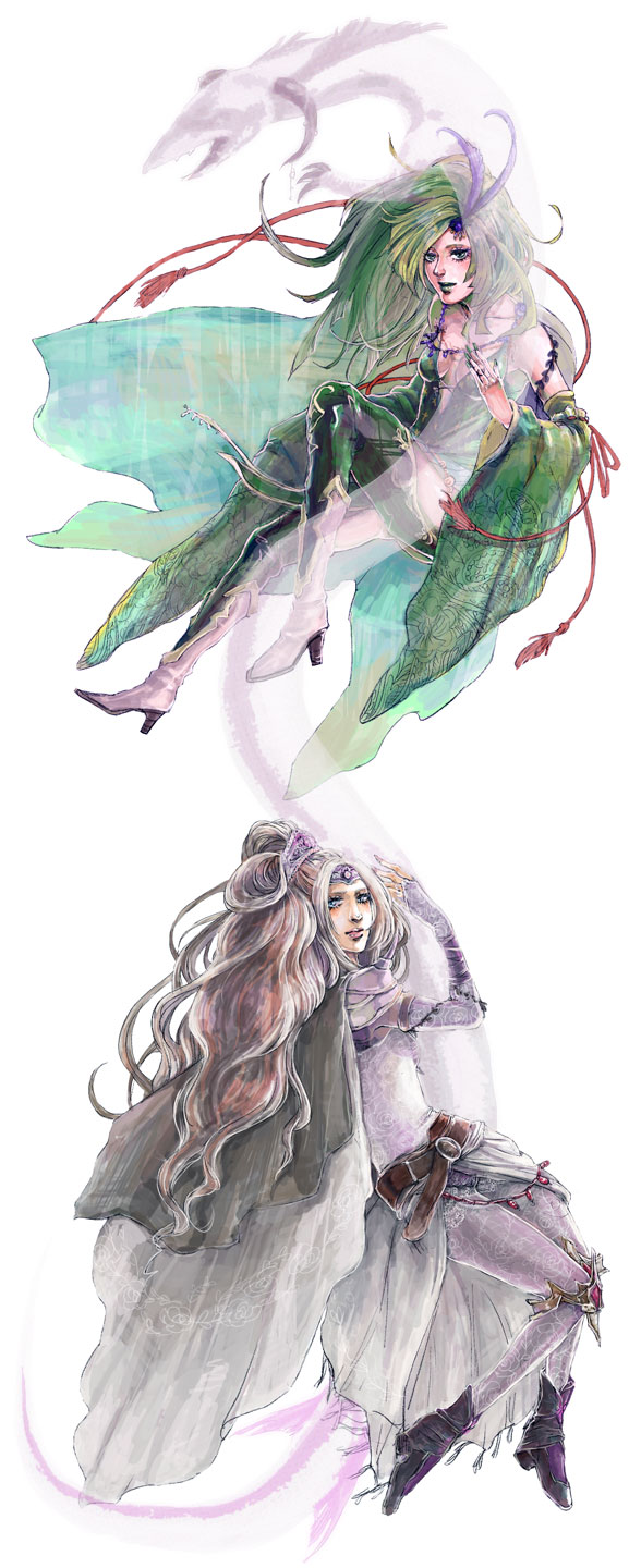 mmr, rosa farrell, rydia (adult) (ff4), rydia (ff4), final fantasy, final fantasy iv, black footwear, white footwear, bad id, highres, 1990s (style), 2girls, aged up, armor, belt, blue eyes, boots, breasts, bridal gauntlets, cape, circlet, cleavage, collarbone, creature, detached sleeves, fingernails, floral print, flower, gem, green eyes, green hair, green lips, green nails, hair ornament, high heel boots, high heels, jewelry, lipstick, long fingernails, long hair, looking at viewer, makeup, multiple girls, nail polish, necktie, pantyhose, parted bangs, pauldrons, pink hair, retro artstyle, rose, sarong, see-through clothes, shoes, shoulder armor, simple background, swept bangs, tassel, thighhighs, transparent, very long hair, white background