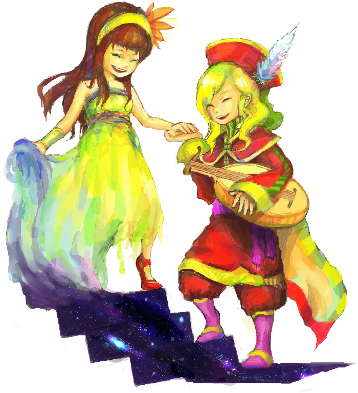 anna (ff4), edward chris von muir, final fantasy, final fantasy iv, purple footwear, red footwear, 1990s (style), 1boy, 1girl, :d, ^^^, ^ ^, bare shoulders, blonde hair, blush, boots, brown hair, cape, closed eyes, dress, feathers, flower, guitar, hair ornament, hairband, hat, headband, holding, instrument, long dress, long hair, long sleeves, lute (instrument), music, open mouth, pants, playing instrument, retro artstyle, shoes, simple background, sleeveless, sleeveless dress, smile, stairs, standing, strapless, white background, yellow dress