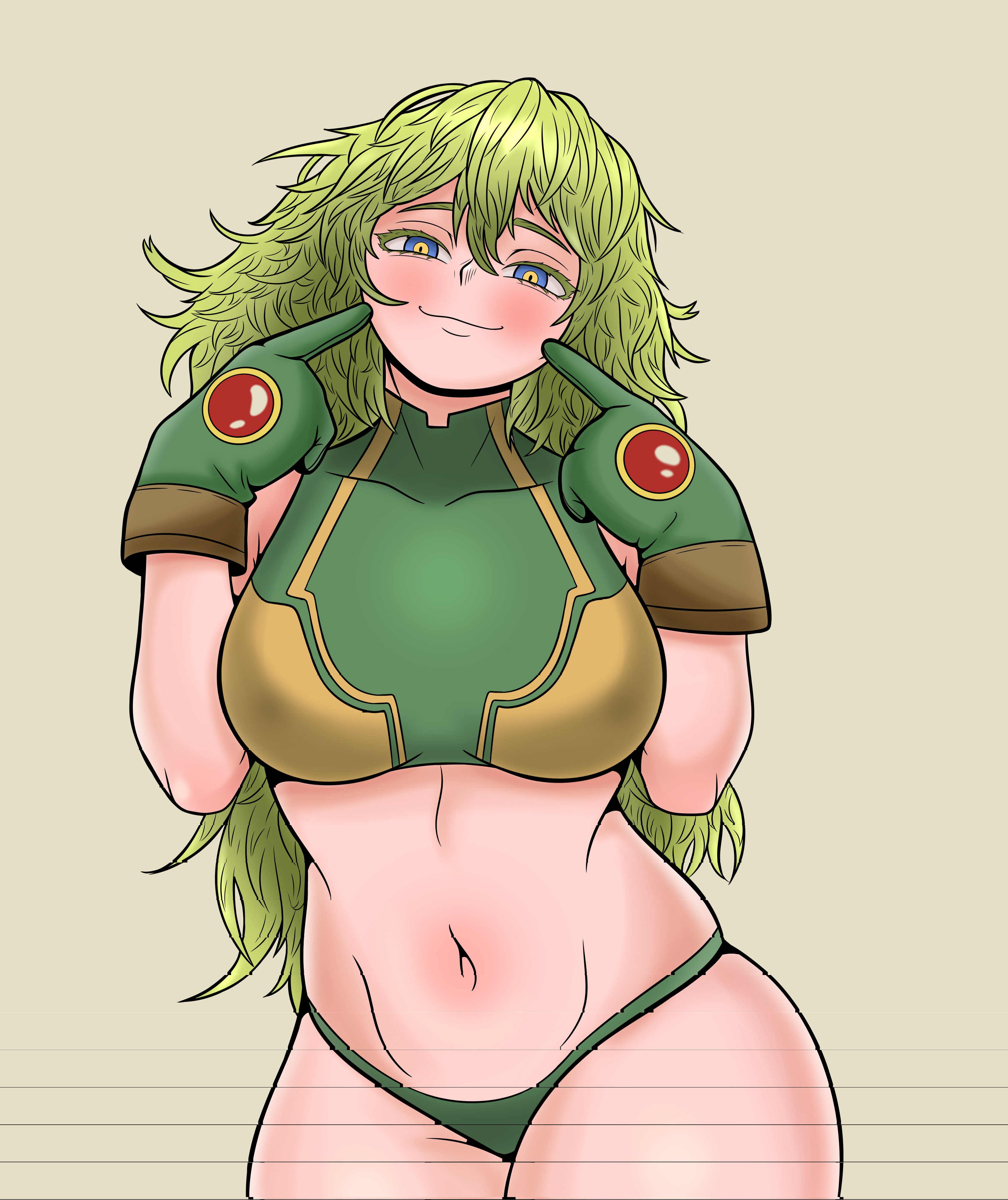 venomsnk3, hagakure toru, boku no hero academia, absurdres, highres, 1girl, blush, breasts, closed mouth, covered collarbone, crop top, female focus, gloves, green eyes, green hair, green panties, green shirt, grey background, hair between eyes, large breasts, long hair, looking at viewer, midriff, navel, panties, pointing, pointing at self, shirt, sleeveless, sleeveless shirt, smile, solo, thighs, underwear