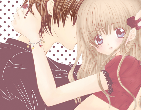 lowres, 1boy, 1girl, blue eyes, brown hair, comic, flower, heart, hetero, hug, long hair, polka dot