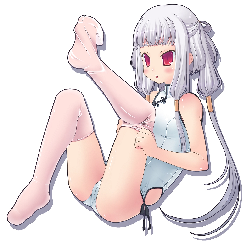 amamiya minato, tianzi, code geass, 00s, 1girl, adjusting clothes, adjusting legwear, dressing, feet, female focus, half updo, one-piece swimsuit, outstretched leg, red eyes, school swimsuit, solo, swimsuit, thighhighs, thighhighs pull, white one-piece swimsuit, white school swimsuit