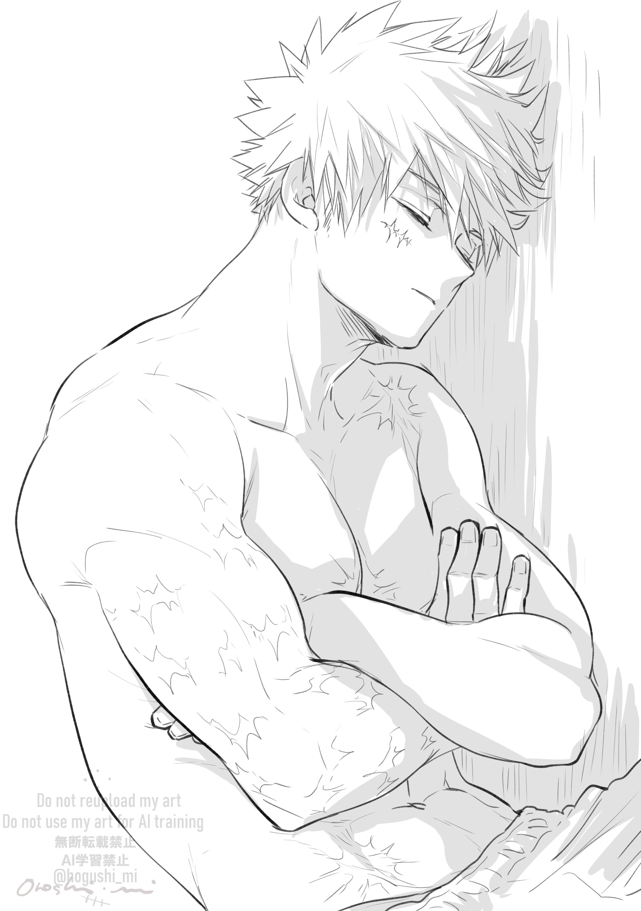 oroshi mi, bakugou katsuki, boku no hero academia, absurdres, commentary, highres, symbol-only commentary, 1boy, closed eyes, closed mouth, collarbone, crossed arms, facial scar, fingernails, greyscale, male focus, monochrome, multiple scars, pants, pectorals, scar, scar on arm, scar on cheek, scar on face, scar on shoulder, short hair, sitting, solo, topless male, watermark