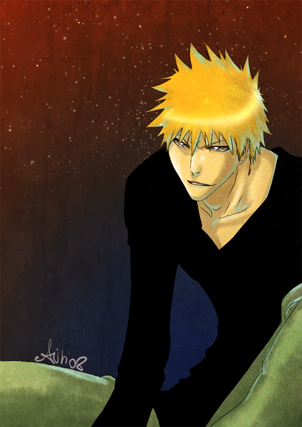 kurosaki ichigo, bleach, tagme, 00s, laughing, male focus, sitting, solo