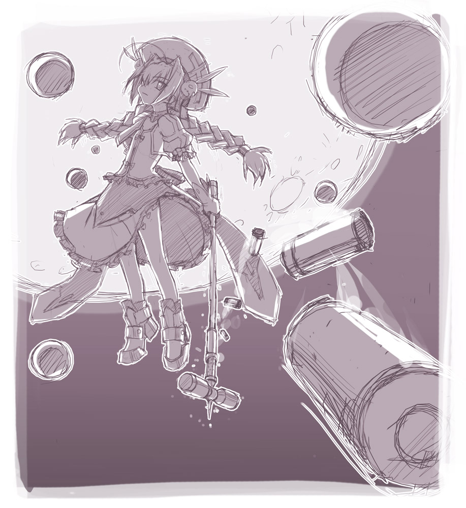 sakuya tsuitachi, graf eisen, vita (nanoha), lyrical nanoha, mahou shoujo lyrical nanoha, mahou shoujo lyrical nanoha a's, 00s, 1girl, braid, casing ejection, female focus, full moon, hair over one eye, hat, monochrome, moon, purple theme, shell casing, solo, twin braids
