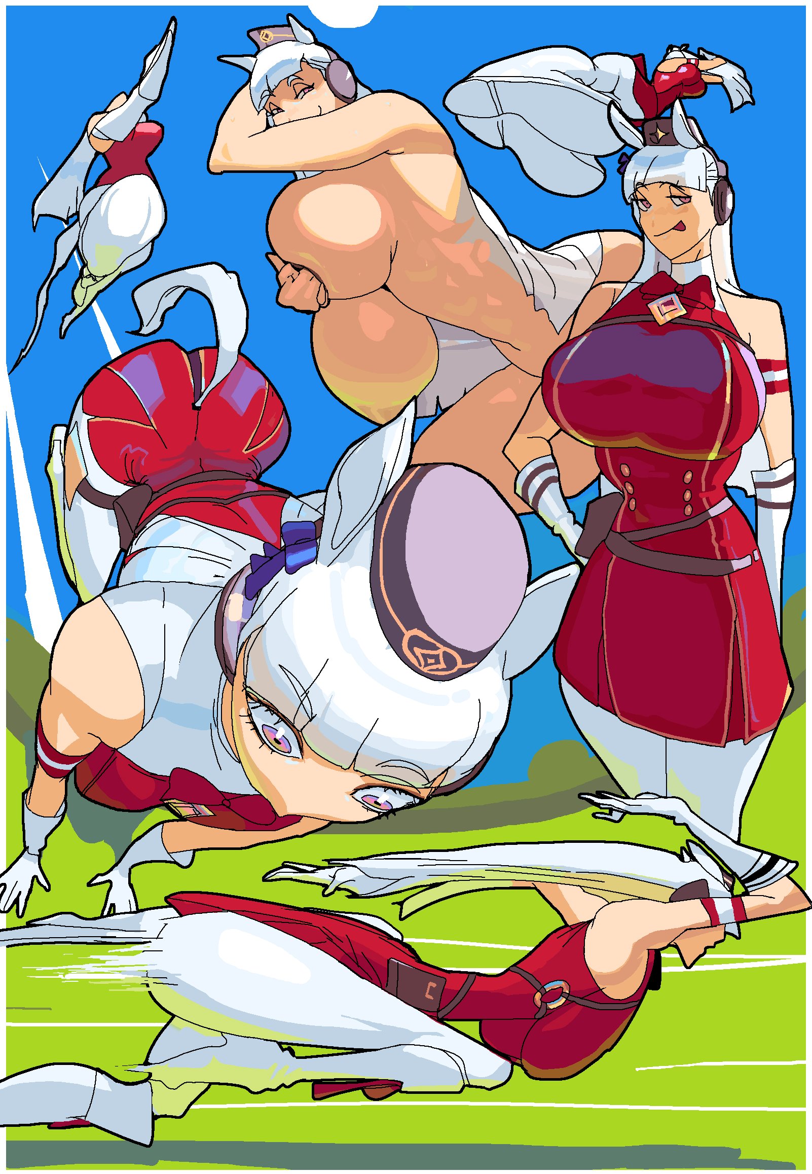 dolekat, gold ship (red strife) (umamusume), gold ship (umamusume), umamusume, highres, 1girl, animal ears, areola slip, ass, bare shoulders, breasts, covering breasts, covering privates, dress, drop kick, flying kick, gloves, grey hair, horse ears, horse girl, horse tail, huge breasts, incoming kick, kicking, leotard, long hair, nude, pillbox hat, purple eyes, red dress, running, smile, tail, white gloves, white leotard