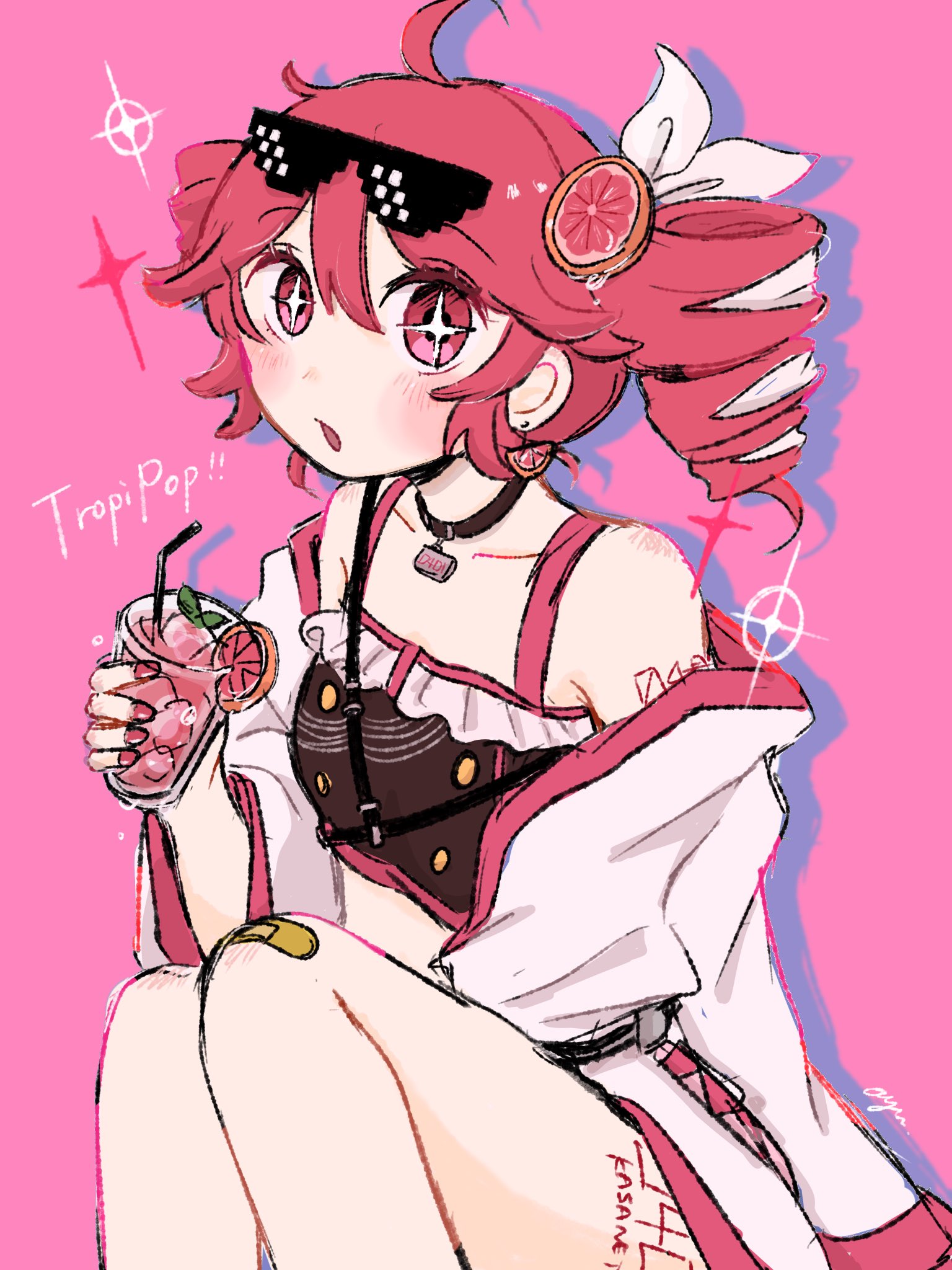 ayuuu65, kasane teto, utau, highres, + +, 1girl, ahoge, arm tattoo, bandaid, bandaid on knee, bandaid on leg, bare shoulders, bikini, black bikini, blush, bow, collar, collarbone, cup, drill hair, drinking straw, drop shadow, earrings, feet out of frame, flat chest, food-themed hair ornament, frilled bikini, frills, hair bow, hair ornament, holding, holding cup, jacket, jewelry, kasane teto (tropipop), leg tattoo, lime hair ornament, open mouth, pink background, pixelated, red eyes, red hair, short hair, sidelocks, signature, sitting, solo, sparkle, sunglasses, swimsuit, tattoo, twin drills, white jacket
