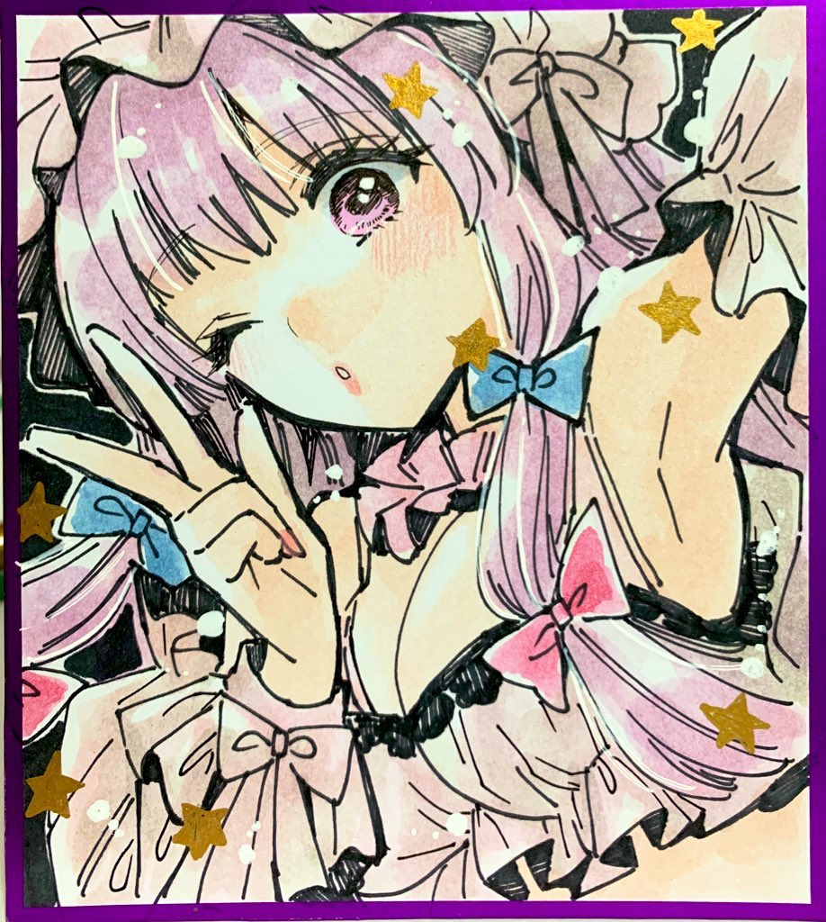 iori (akaringo), patchouli knowledge, touhou, 1girl, bow, breasts, cropped torso, hair bow, hat, long hair, mob cap, one eye closed, purple eyes, purple hair, salute, solo, two-finger salute