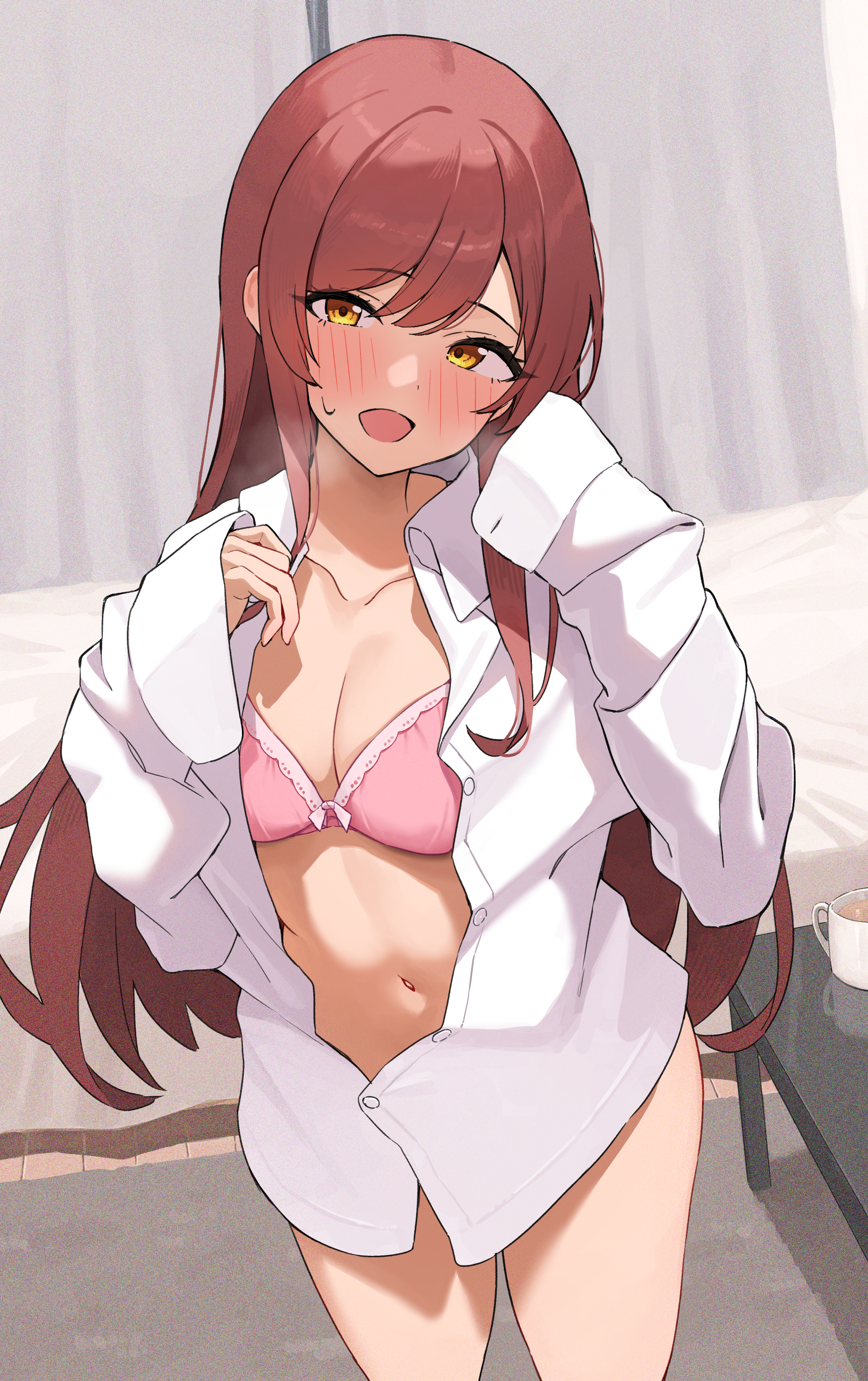 wanitaroo. (waniwani panic), osaki amana, idolmaster, idolmaster shiny colors, absurdres, commentary request, highres, 1girl, blush, borrowed clothes, bra, breasts, cleavage, hands up, heavy breathing, indoors, linea alba, long hair, medium breasts, navel, no pants, open mouth, oversized clothes, oversized shirt, partially unbuttoned, pink bra, red hair, shirt, sleeves past fingers, sleeves past wrists, solo, underwear, white shirt, yellow eyes
