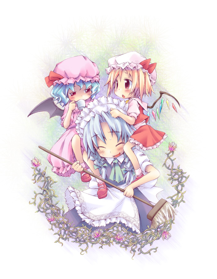 ham (points), flandre scarlet, izayoi sakuya, remilia scarlet, touhou, 3girls, blonde hair, blue hair, broom, dress, female focus, gradient background, hat, loli, maid, mob cap, multiple girls, plant, ribbon, short hair, skirt, white background, wings