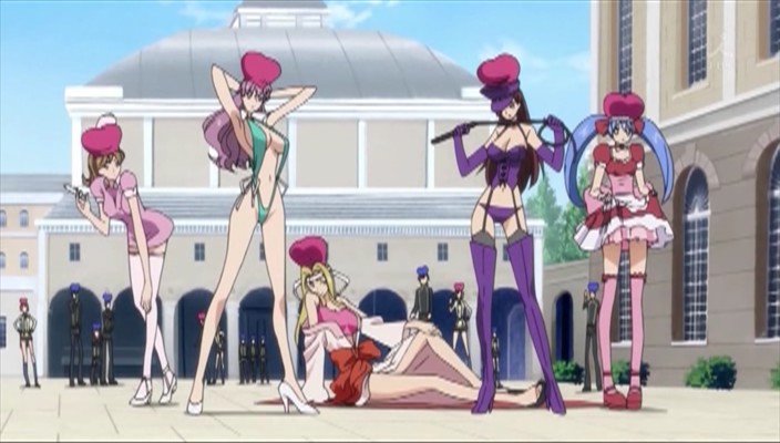 code geass, anime screenshot, 6+boys, 6+girls, bandeau bikini, cosplay, dominatrix, hat, high heels, multiple boys, multiple girls, nurse, slingshot swimsuit, swimsuit, thighhighs, whip