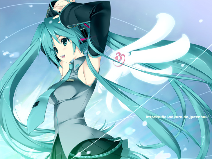 iizuki tasuku, hatsune miku, vocaloid, 1girl, :d, aqua background, aqua eyes, aqua hair, armpits, arms up, breasts, cowboy shot, detached sleeves, detached wings, female focus, glowing, glowing wings, happy, headphones, long hair, looking afar, necktie, open mouth, pleated skirt, skirt, smile, solo, twintails, watermark, web address, wings