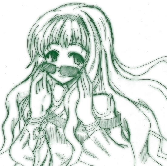 sheryl nome, macross, macross frontier, 00s, 1girl, female focus, green theme, long hair, monochrome, sketch, smile, solo, sunglasses