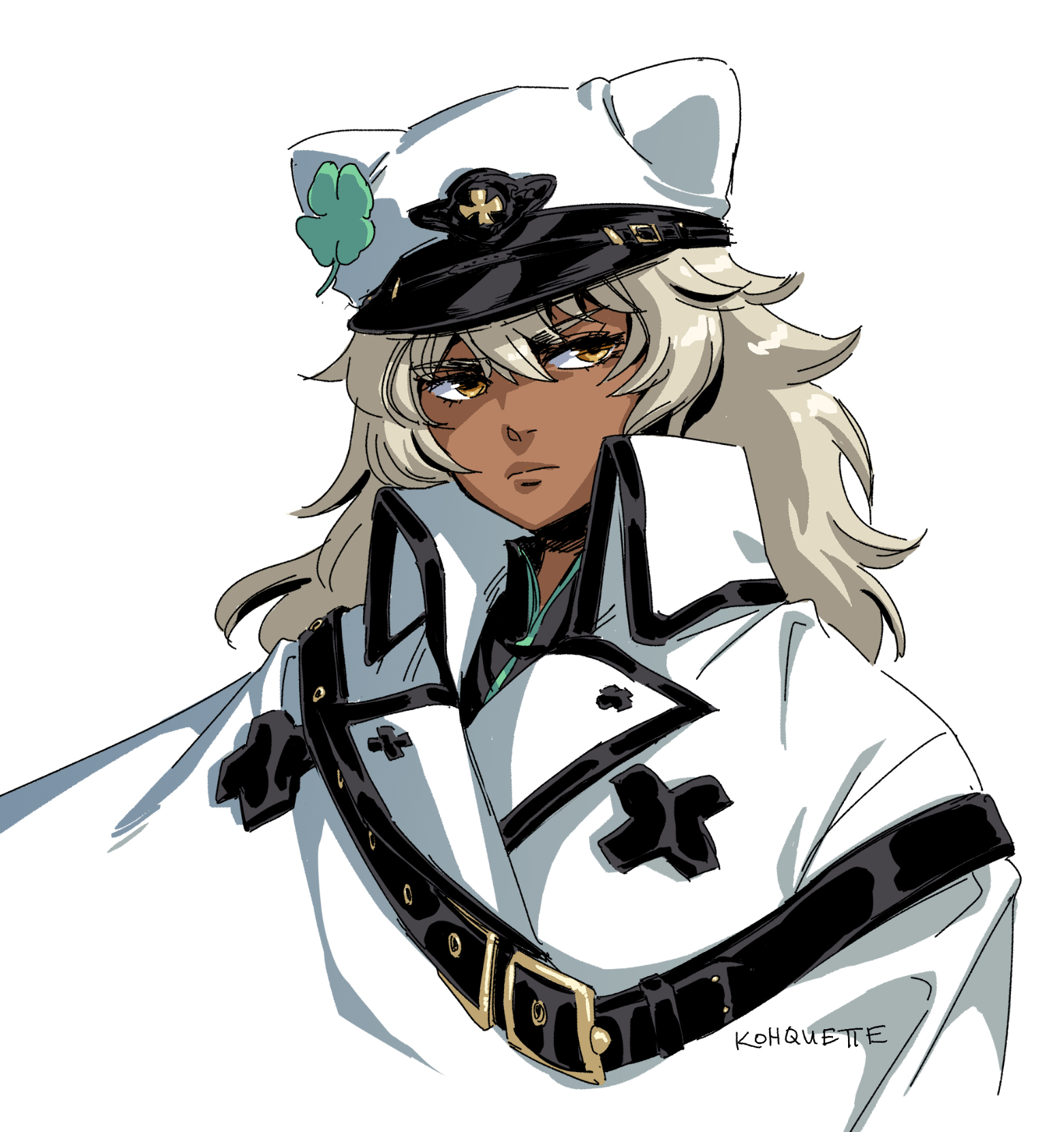 irene koh, ramlethal valentine, guilty gear, guilty gear strive, highres, animal hat, artist name, belt buckle, blonde hair, buckle, cat hat, clover, dark-skinned female, dark skin, four-leaf clover, hat, lips, long hair, medium hair, orange eyes, signature, white background, white hat