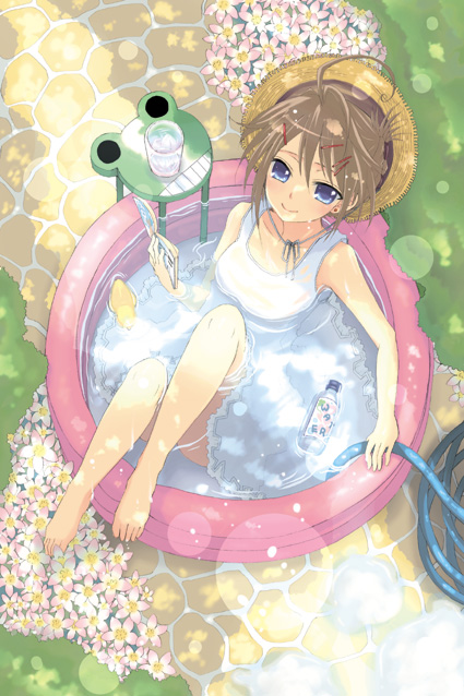 sakurai unan, original, bad id, bad pixiv id, 1girl, barefoot, book, brown hair, feet, female focus, from above, hat, lens flare, one-piece swimsuit, school swimsuit, short hair, solo, straw hat, swimsuit, wading pool, water, white one-piece swimsuit, white school swimsuit