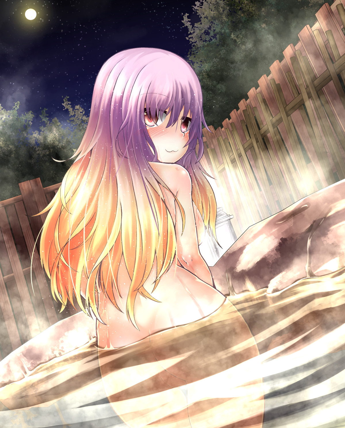 adworse, hijiri byakuren, touhou, highres, 1girl, :3, ass, back, backboob, blonde hair, blush, breasts, completely nude, cowboy shot, fence, from behind, full moon, gradient hair, lantern, large breasts, long hair, looking at viewer, looking back, moon, multicolored hair, night, night sky, nude, onsen, partially submerged, pink eyes, purple hair, pussy, sky, solo, water