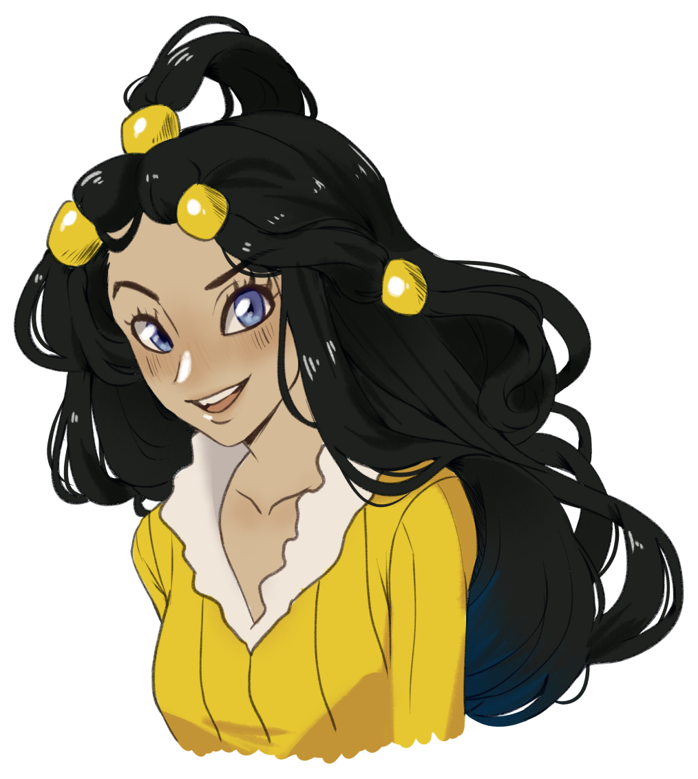 pinsterwglasses, dahlia (pokemon), nintendo, pokemon, pokemon dppt, pokemon platinum, 1girl, black hair, blue eyes, cropped torso, dark-skinned female, dark skin, hair bobbles, hair ornament, long hair, long sleeves, looking at viewer, open mouth, ribbed shirt, shirt, smile, solo, teeth, upper teeth only, yellow shirt