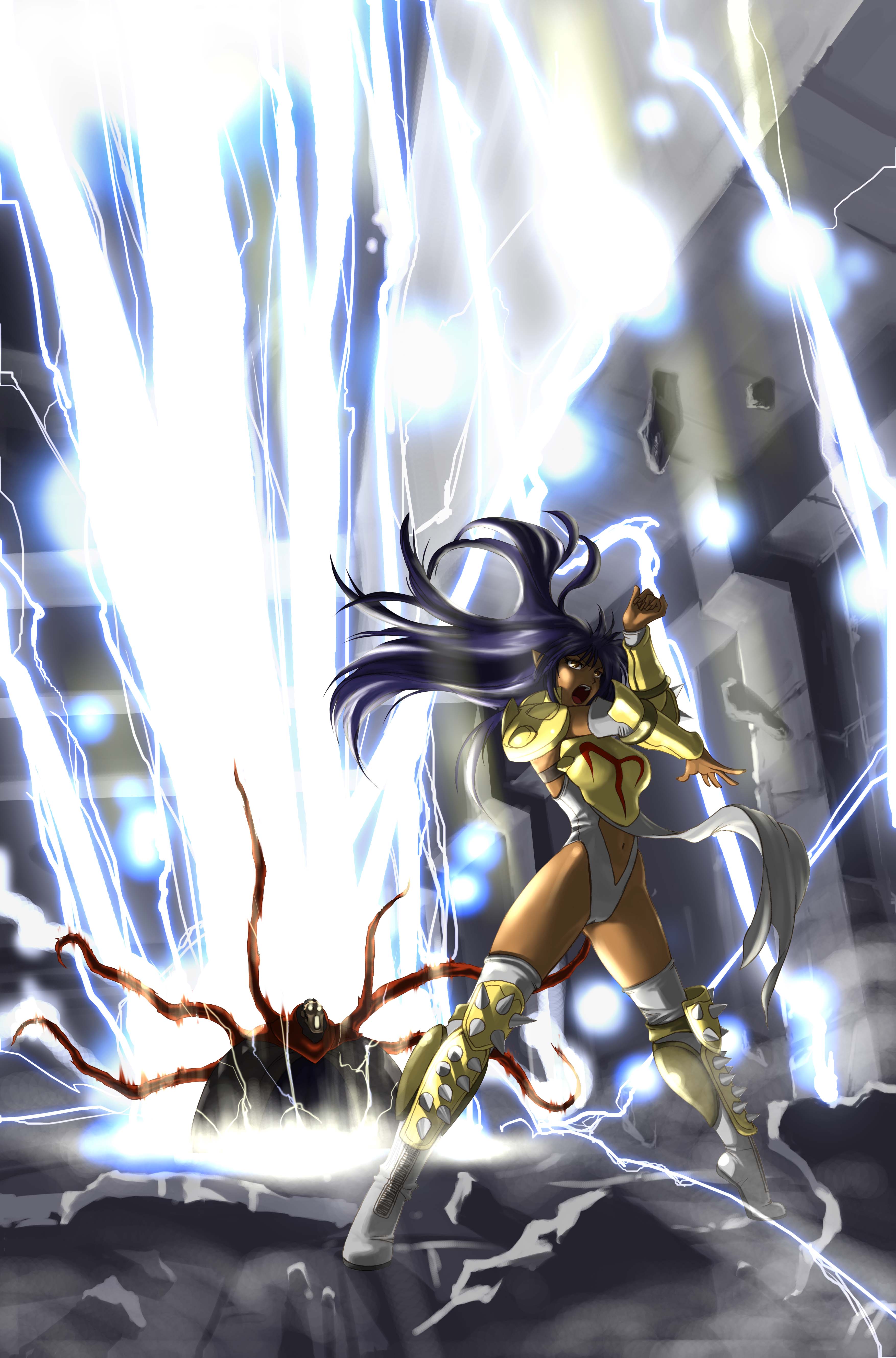 kazue, arshes nei, bastard!!, absurdres, highres, 1girl, armor, black hair, breasts, clothing cutout, dark-skinned female, dark elf, dark skin, elf, full body, lightning, long hair, navel, open mouth, pointy ears, thighhighs, white thighhighs