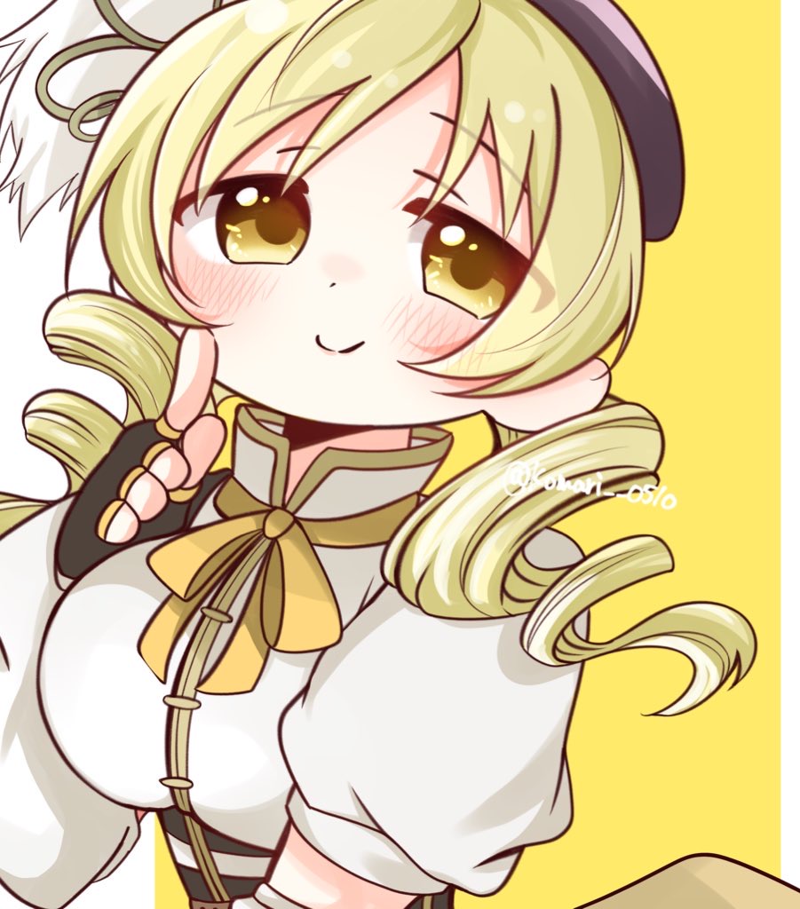 tomoe mami, tomoe mami (magical girl), mahou shoujo madoka magica, mahou shoujo madoka magica (anime), 1girl, beret, blonde hair, blush, breasts, corset, drill hair, fingerless gloves, flower hairpin, gloves, hat, komari 0510, magical girl, school uniform, short hair, smile, solo, twin drills, twintails, yellow eyes
